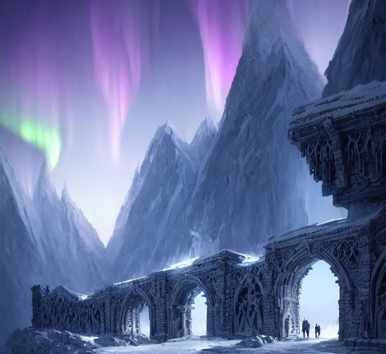 Prompt: a very detailed concept art of intricate and well designed white gates to epic mountains, infused with aurora borealis by greg rutkowski, dynamic lighting trending on artstation, symmetry, digital art, 4 k, hyper realistic, octane render, sharp focus