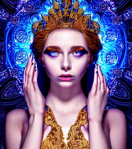 Image similar to symmetrical portrait, a beautiful female sorceress in dress, pretty, detailed and intricate, perfect body shape, perfect face, hypermaximalist, elegant, ornate, luxury, elite, cinematic lighting, canon eos r 3, 8 k, raw, unedited, symmetrical balance, in - frame, 3 d character, photorealistic