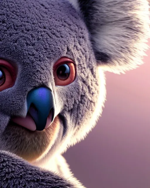 Image similar to movie still macro close photo of koala selling nft, by weta disney pixar greg rutkowski wlop ilya kuvshinov rossdraws artgerm octane render iridescent, bright morning, liosh, mucha