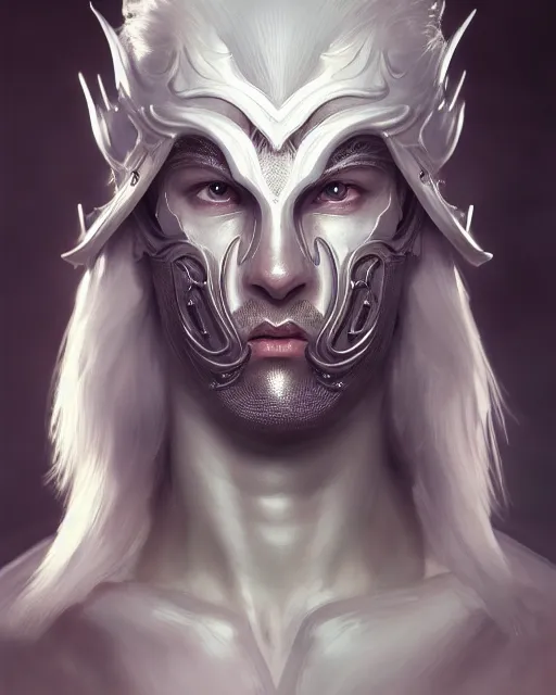 Prompt: male portrait, handsome, detailed white long hair, intricate assasin armor and face mask, by ilya kuvshinov, peter mohrbacher, greg rutkowski, ryohei hase, dramatic lighting, intricate, highly detailed, lineage 2 revolution, sharp focus, luminous, blender, deviant art, masterpiece, ray tracing