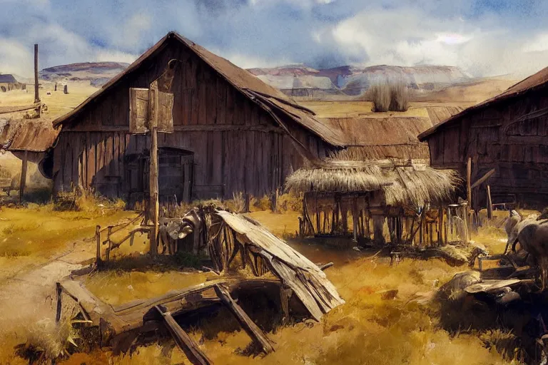 Image similar to paint brush strokes, abstract watercolor painting of american frontier western viking town, straw roof, daylight rays, cinematic light, american romanticism by hans dahl, by jesper ejsing, by anders zorn, by greg rutkowski, by greg manchess, by tyler edlin