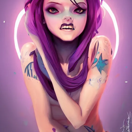 Image similar to beautiful female purple hair tattoo symmetrical face smiling stunning eyes full length fantasy art icon, 2d art cover , official fanart behance hd artstation by Jesper Ejsing, by RHADS, Makoto Shinkai and Lois van baarle, ilya kuvshinov, rossdraws