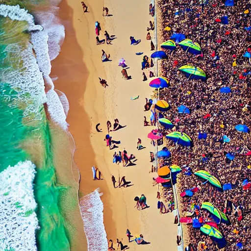 Image similar to photograph beachscapes from an almost perpendicular angle, Aerial view of sandy beach with umbrellas and sea, Aerial of a crowded sandy beach with colourful umbrellas, sun bathers and swimmers during summer, by Tommy Clarke