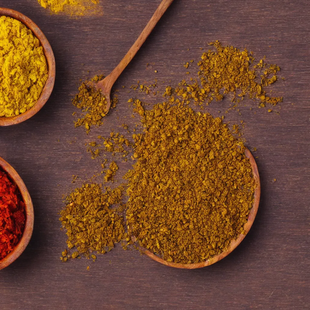 Prompt: close-up view of curry spice on top of a wooden table, 8k, high detail, photorealistic, proper shading