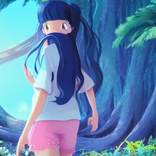 Image similar to a wholesome animation key shot of a girl with a raccoon tail and long dark blue hair, medium shot, studio ghibli, pixar and disney animation, sharp, rendered in unreal engine 5, anime key art by loish, bloom, dramatic lighting