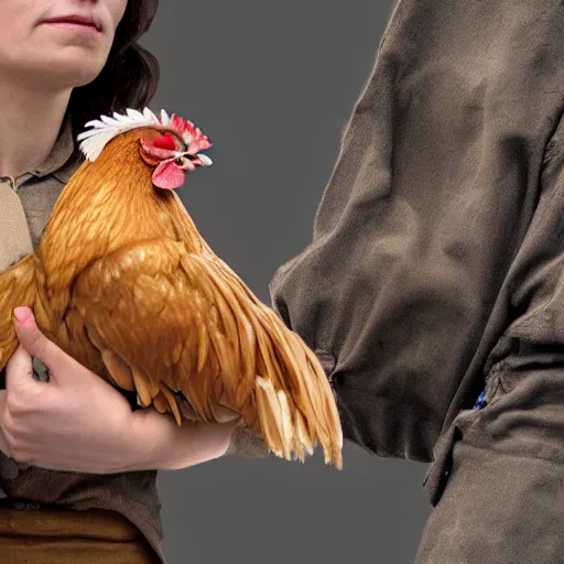 Prompt: A realistic image of a very sas woman holding a rooster in her hands, ultra high detail, 8k.