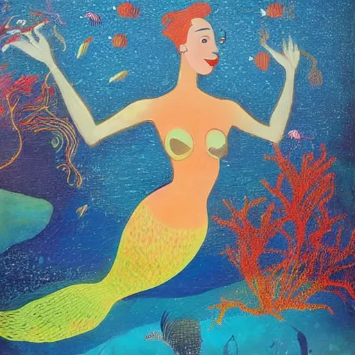 Prompt: A beautiful performance art of a mermaid swimming in the ocean. Her long, flowing hair streams behind her as she gracefully navigates the water. A coral reef and colorful fish can be seen in the background. Jetsons by Mordecai Ardon monumental