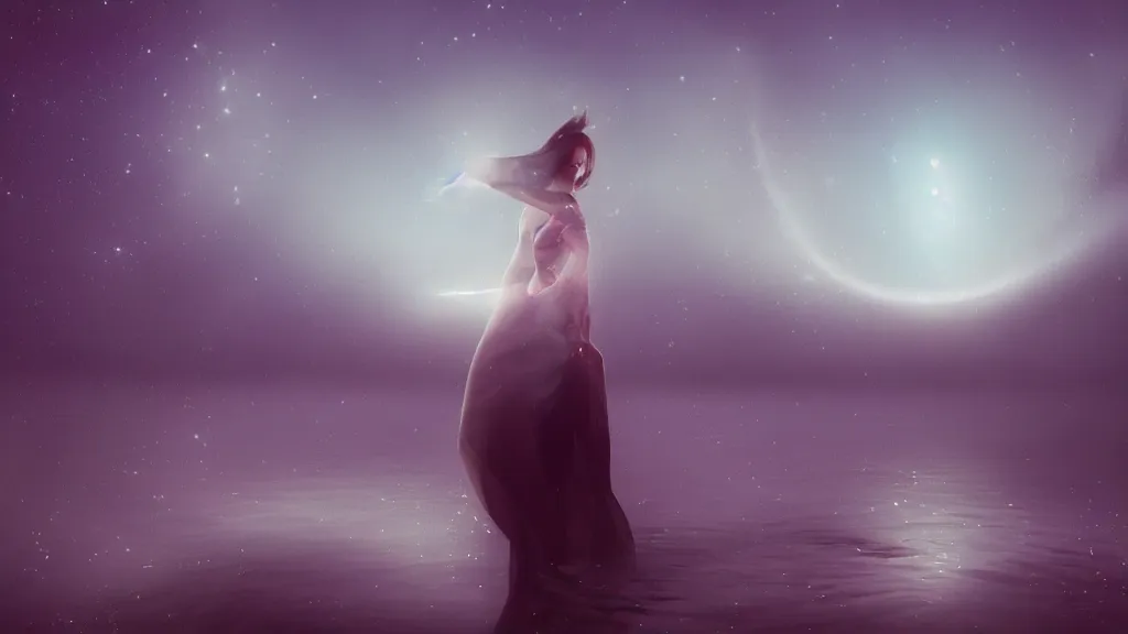 Image similar to whimsical, a beautiful playful woman, wearing professional makeup, standing in a lake, under the stars, with a binary black hole with a ring in the sky, by Lois van Baarle, by Greg Rutkowski, by Ilya Kuvsninov, cinematic angle, face enhance, volumetric lighting, cinematic lighting, digital art, 4k resolution, trending on artstation, masterpiece