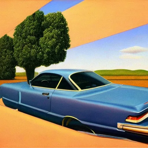 Image similar to an amazing car adventure across the country-side by Raphael, Hopper, and Rene Magritte. detailed, romantic, enchanting, trending on artstation.