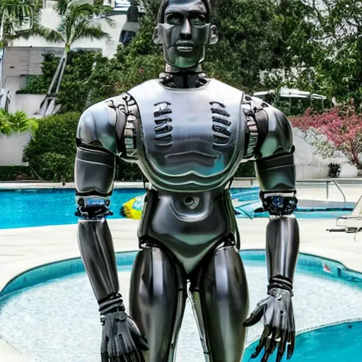 Prompt: a realistic detailed photo of a guy who is an attractive humanoid who is half robot and half humanoid, who is a male android, wrestler adolfo batista, shiny skin, posing like a statue, blank stare, by the pool, on display, showing off his muscles, humanoid robot, frozen ice statue