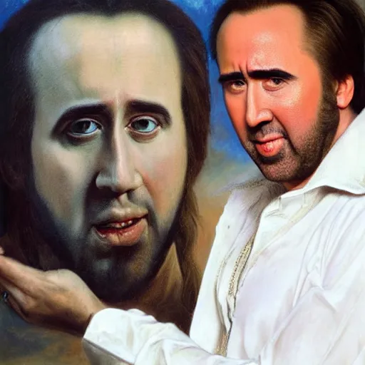 Prompt: renaissance oil portrait of the extremely attractive nicolas cage holding in his hands a smaller version of screaming nicolas cage, highly detailed