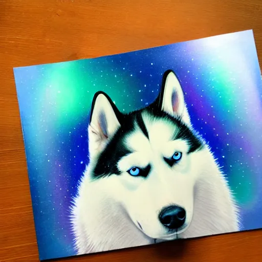 Image similar to a siberian husky, as aurora borealis, airbrush painting