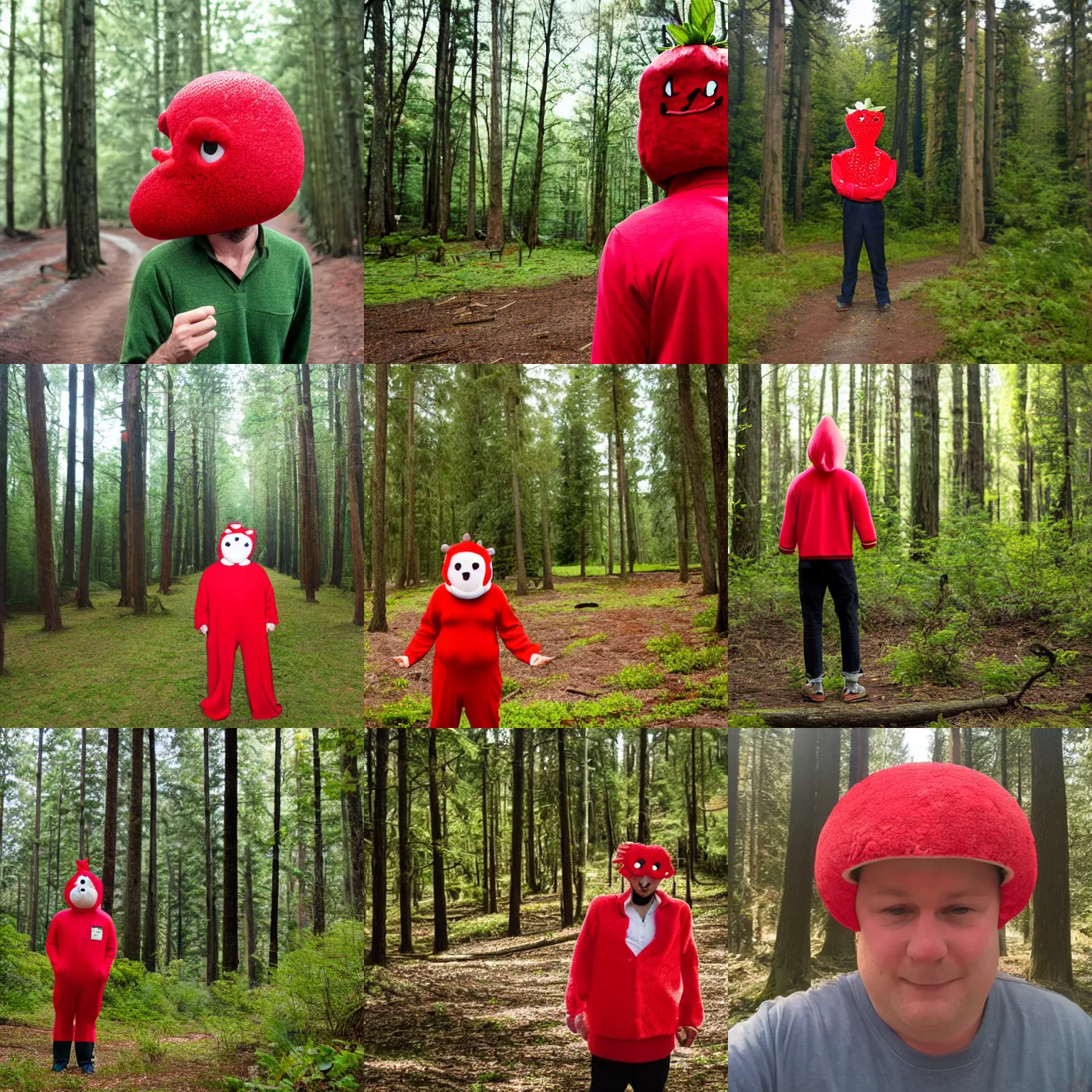 Prompt: man wearing a strawberry costume, forest in the background