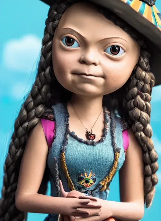 Image similar to closeup face profile portrait of tin toy greta thunberg as a witch, bikini, depth of field, zeiss lens, detailed, symmetrical, centered, fashion photoshoot, by nicoletta ceccoli, mark ryden, lostfish, breathtaking, 8 k resolution, extremely detailed, beautiful, establishing shot, artistic, hyperrealistic, octane render