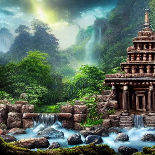 Prompt: temple ruins besides of a waterfall, fantasy art, cinematic