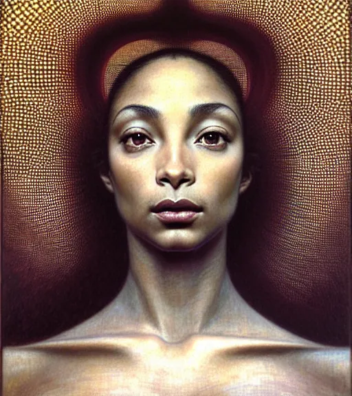 Image similar to detailed realistic beautiful young sade adu face portrait by jean delville, gustave dore and marco mazzoni, art nouveau, symbolist, visionary, baroque, intricate fractal. horizontal symmetry by zdzisław beksinski, iris van herpen, raymond swanland and alphonse mucha. highly detailed, hyper - real, beautiful