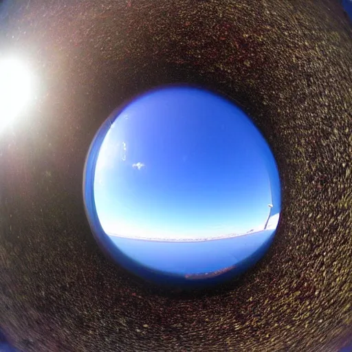 Prompt: a fish eye lens photo of flat earth