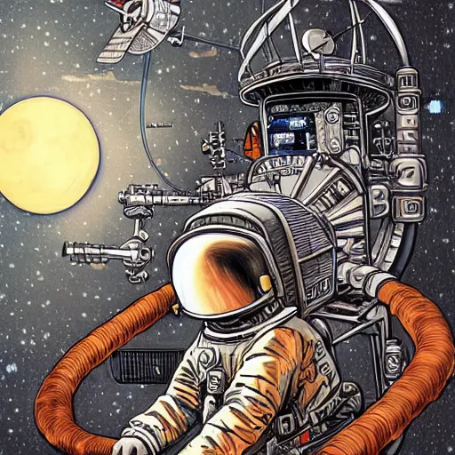 Image similar to Moon landing, Steampunk, by Yusuke Murata