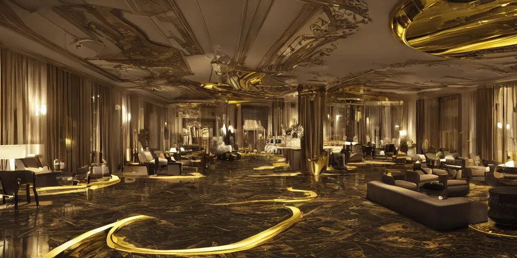 Image similar to inside view of a hotel, gold black color, unreal 5, hyperrealistic, realistic, photorealistic, dynamic lighting, highly detailed, cinematic landscape, studio landscape, studio lighting