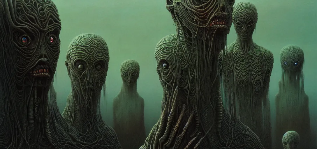Image similar to hellish translucent alien creatures with human faces on an alien world, artstyle zdzisaw beksinski, very intricate details, high resolution, 4 k