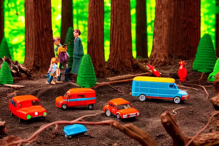 Image similar to fisher price redwood forest, california scene from tv show hyper detailed 5 5 mm 8 5 mm, toy photography, made out of plastic