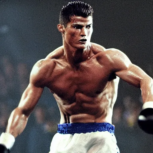 Image similar to movie still of cristiano ronaldo as ivan drago in rocky 4, fighting, cinematic,
