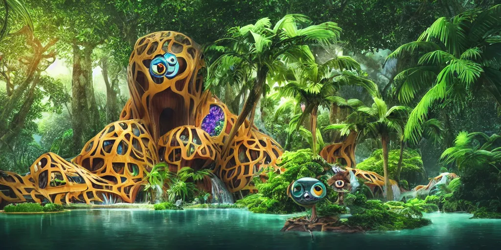 Image similar to of a tropical rainforest lake with strange cute friendly happy creatures with huge eyes, mouth, long tongue, round teeth and goofy face, appearing from the trees, in the style of gehry and gaudi, macro lens, shallow depth of field, ultra detailed, digital painting, trending artstation, concept art, illustration, cinematic lighting, photorealism, epic, octane render