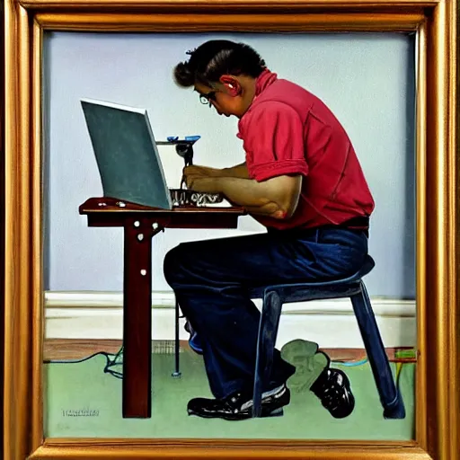 Prompt: painting of a person working on a computer, painting by Norman Rockwell