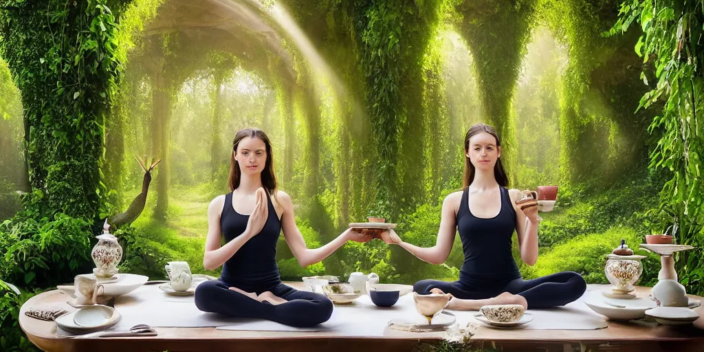 Image similar to a dreamy young woman wearing a yoga outfit having fancy tea and tea time with Mallard Duck at the table with her, enjoying the tea. Seated at a beautiful tea table inside an opulent, ornate, abandoned overgrown Palace of Versailles, lush plants growing through the floors and walls, walls are covered with vines, beautiful, dusty, golden volumetric light shines through giant broken windows, golden rays fill the space with warmth, rich with epic details and dreamy atmosphere