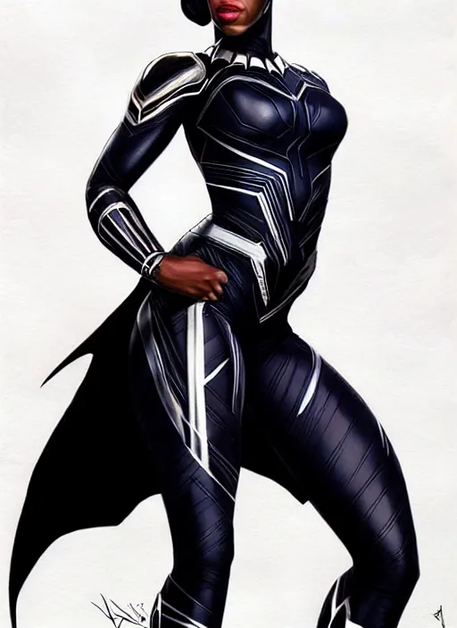 Image similar to full body portrait of marvel cinematic universe aaliyah haughton, black panther, elegant, wakanda, super hero, black outfit, highly detailed!! digital painting, artstation, glamor pose, concept art, sharp focus, illustration, art by artgerm and greg rutkowski, artey freytag