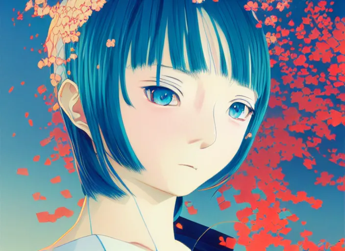 Image similar to yoh yoshinari editorial illustration colorful anime portrait of shiina ringo, murata range, blue submarine no 6, manga, fine texture, detailed, matte colors, perfect anime face, cinematic dramatic lighting, film grain, dynamic composition, moody, vivid, volumetric light, alphonse mucha, warm, fine stippled lighting, ilya kuvshinov