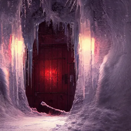 Image similar to a gigantic door graved in ice in a cold ice snow environment, ultrafine highly detailed hyper colorful illustration, sharp focus, rozalski, craig mullins, federico pelat, unreal engine highly rendered, global illumination, radiant light, intricate and detailed environment