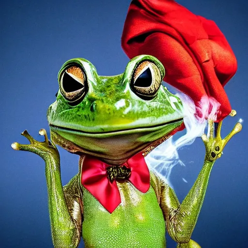 Image similar to a frog wearing a smoking, fancy dressing, studio portrait photo, cover magazine, famous, trending on art station, 8k, 4k, hd,