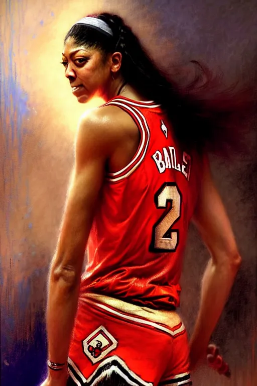 Prompt: candace parker in a bulls jersey by gaston bussiere bayard wu, greg rutkowski, giger, maxim verehin, drew struzan