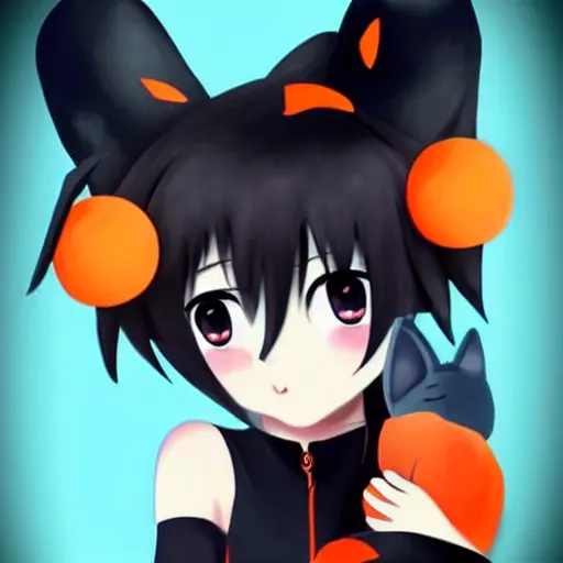 Image similar to cute anime girl with dark skin, black hair, wolf ears and glowing orange eyes