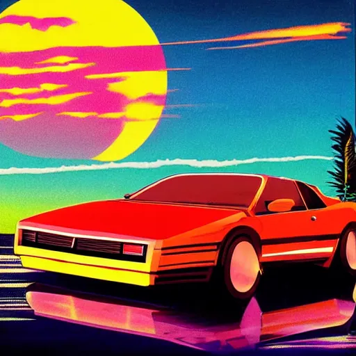 Image similar to retro box cover art of a synthwave car sitting in front of a sunset in miami, 8 0's vhs box cover art, retro, painting