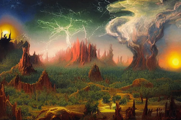 Prompt: miskatonic university big bang landscape in the style of dr. seuss,'run the jewels ', painting by albert bierstadt