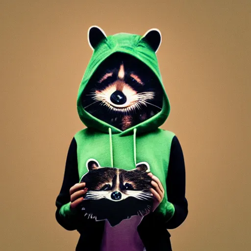 Prompt: medium shot, photo of a girl in a detailed hyperrealistic raccoon mask, wearing a green hoodie, holding a vinyl record, 8 0 - s fashion, polaroid photo, by warhol,