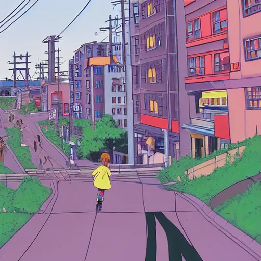 Image similar to city street, sloped street, city on tall hillside, street scene, rollerbladers grinding on rails, skaters, rollerskaters, cel - shading, 2 0 0 1 anime, flcl, jet set radio future, golden hour, japanese town, concentrated buildings, japanese neighborhood, electrical wires, cel - shaded, strong shadows, vivid hues, y 2 k aesthetic