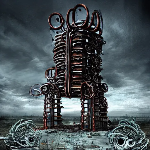 Image similar to giant evil bio-organic fleshy complex machine tower with tendrils and one eyeball at the top looking over a stormy post-apocalyptic wasteland, dystopian art