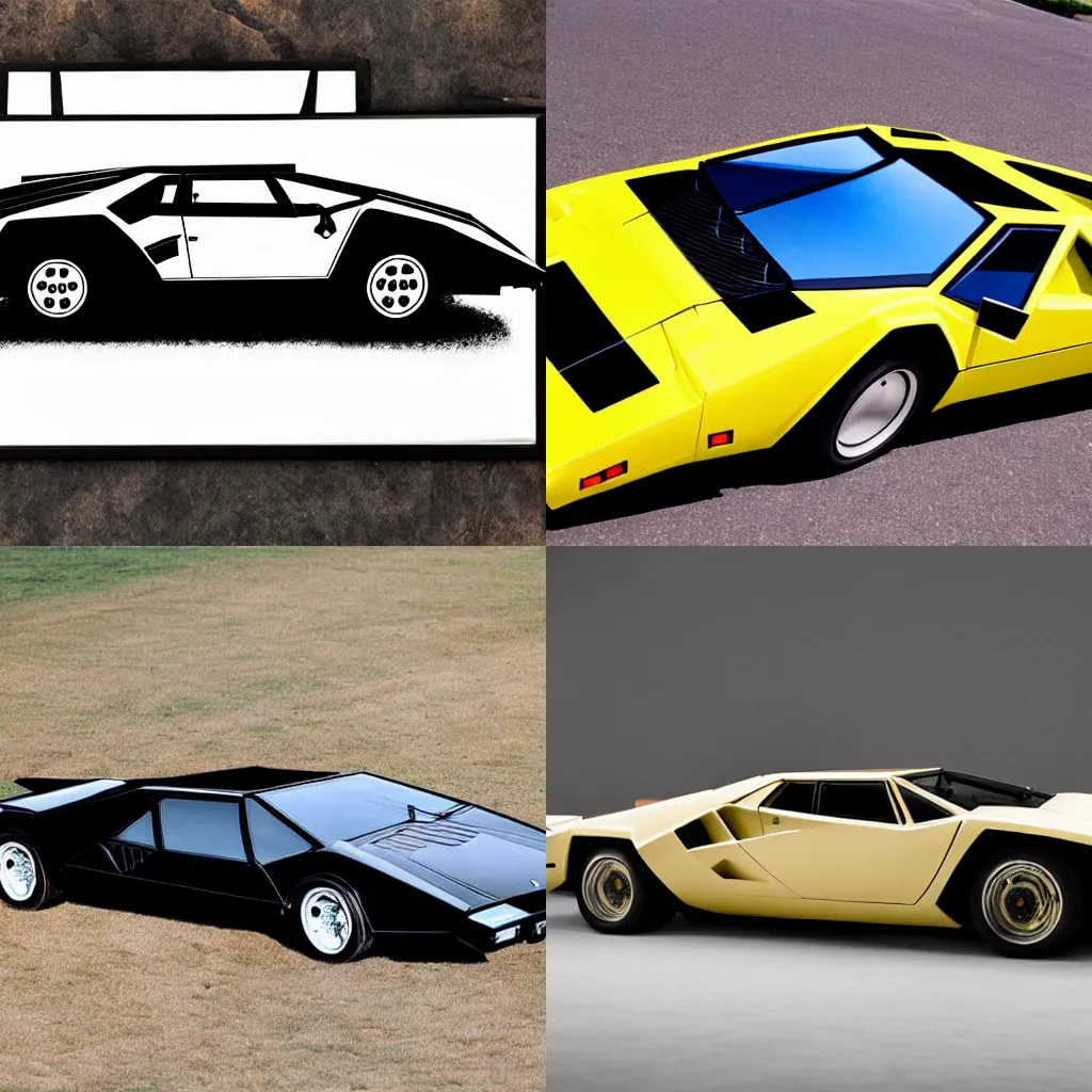 Prompt: An ink blot Rorschach test, the ink in the shape of a 1977 Lamborghini Countach LP400