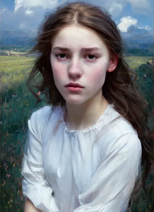 Image similar to portrait of girl dressed in white clothes , countryside, fantasy character portrait, dynamic pose, above view, view from above, sunny day, thunder clouds in the sky, artwork by Jeremy Lipkin and Giuseppe Dangelico Pino and Michael Garmash and rob rey, very coherent symmetrical artwork, perfect face, simple form, 100mm