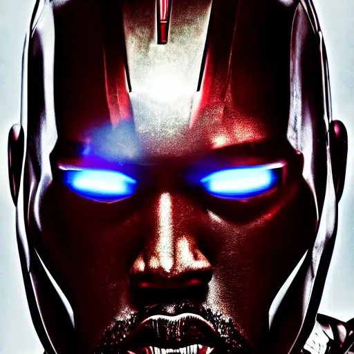 Image similar to Portrait of Kanye West in Ironman suit, splash art, movie still, cinematic lighting, dramatic, octane render, long lens, shallow depth of field, bokeh, anamorphic lens flare, 8k, hyper detailed, 35mm film grain