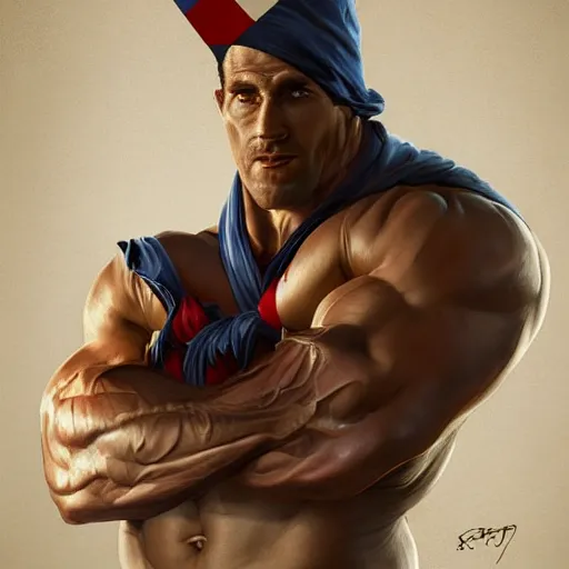 Prompt: portrait of crossfiter guillaume briant upper part of the body with a french flag cap and blond hairs, powerful, musculated, he got a big french musctache, by aenaluck, artgerm and roberto ferri and greg rutkowski, digital painting, artstation, concept art, smooth, sharp foccus ilustration hq