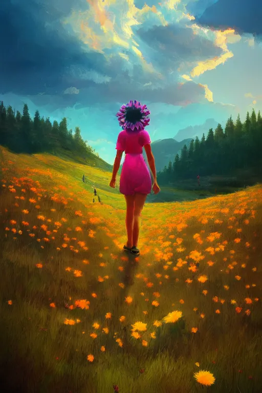 Image similar to giant daisy flower head, girl hiking in the mountains, surreal photography, sunrise, dramatic light, impressionist painting, colorful clouds, digital painting, artstation, simon stalenhag