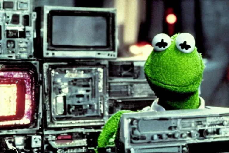 Image similar to muppet cyborg - pitbull, surrounded by screens, in 1 9 7 6, y 2 k cybercore, industrial low - light photography, still from a ridley scott movie