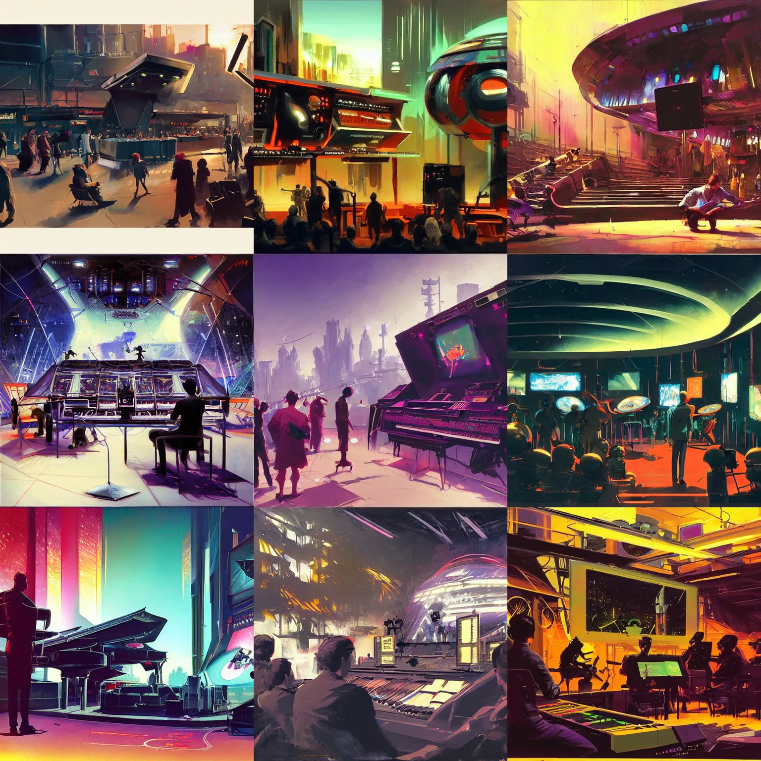 Prompt: vibrant concept art of a very small! dark futuristic musical area with a large screen in front of a very small! but excited crowd by syd mead and craig mullins