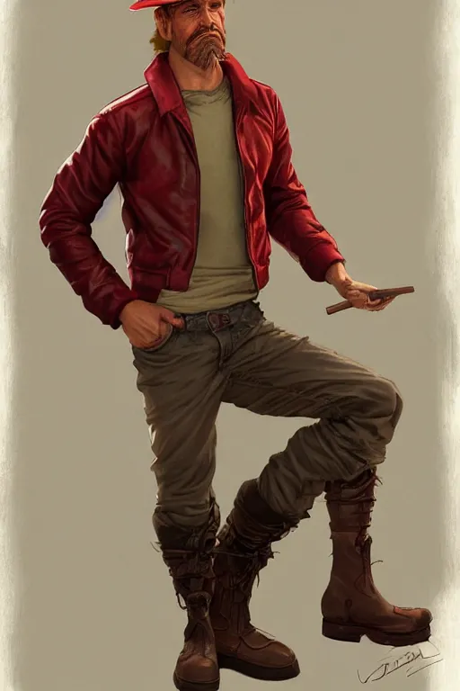 Image similar to character design, turnaround, 40's adventurer, unshaven, optimistic, stained dirty clothing, straw hat, riding boots, red t-shirt, dusty brown bomber leather jacket, detailed, concept art, photorealistic, hyperdetailed, 3d rendering , art by Leyendecker and frazetta,