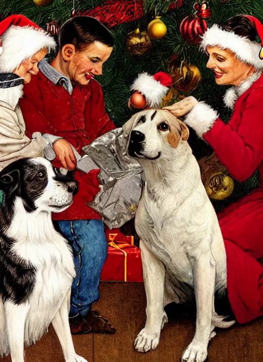 Prompt: a norman rockwell dog family christmas