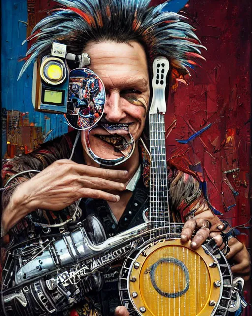 Image similar to a portrait of an anthropomorphic cyberpunk rooster shredding a banjo by sandra chevrier, by jon foster, detailed render, tape deck, epic composition, cybernetics, 4 k realistic, cryengine, realistic shaded lighting, sharp focus, masterpiece, by enki bilal